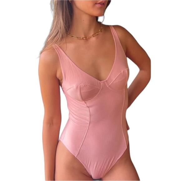FREE PEOPLE x HAH Underwire Bodysuit Sz S Pink Feminine Retro Fairy Cottage NWT - Picture 1 of 11